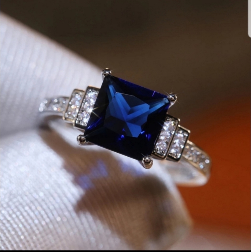 NEW 925 Silver Princess Square Blue Sapphire Ring - Picture 1 of 6